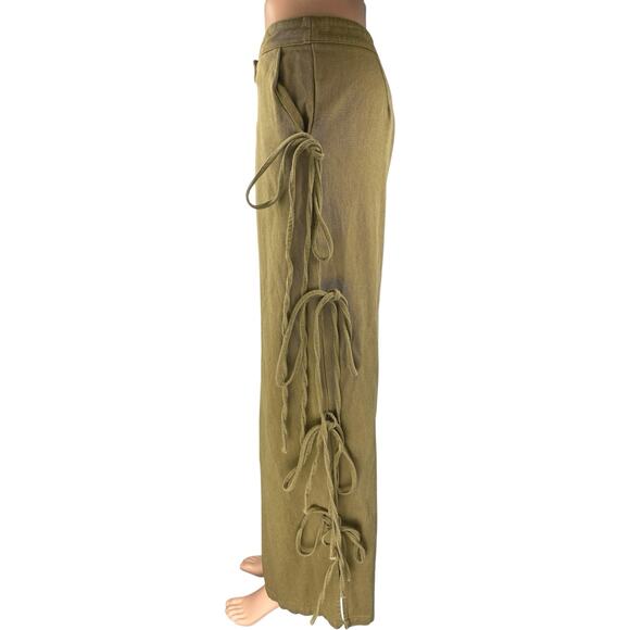 PLT Label Women's Green Mid Rise Side Tie Wide Leg Baggy Trousers Pants Size 4 - Picture 2 of 5